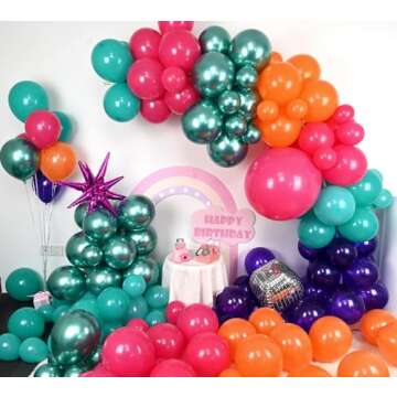 Disco Balloon Arch, 125 PCS 80s Balloon Arch Kit mit Hot Pink and Purple Teal Orange Metallic Green Balloons, 22 Inch Disco Ball Mylar Explosion Star Foil Balloon for Singer Music Fans Decorations