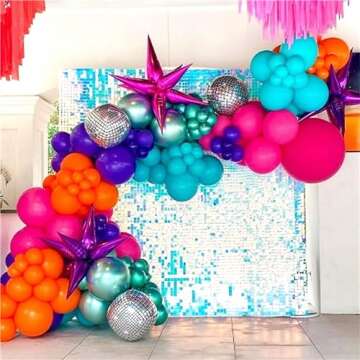 Disco Balloon Arch, 125 PCS 80s Balloon Arch Kit mit Hot Pink and Purple Teal Orange Metallic Green Balloons, 22 Inch Disco Ball Mylar Explosion Star Foil Balloon for Singer Music Fans Decorations