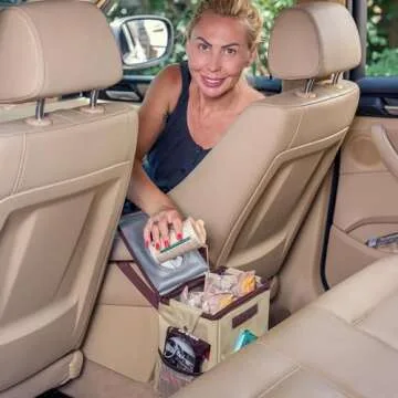 Creathing Car Trash Can with Lid, Detachable Lining | Console, Floor, Seat Hanging Car Garbage Bin and Storage Bag, Truck and Car Accessories (2 Gal, Beige)