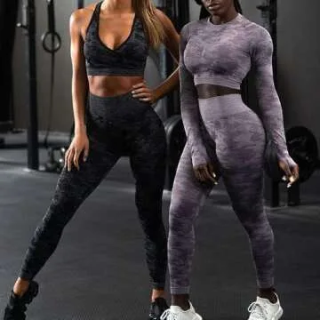 YVYVLOLO Women High Waist Workout Gym Camo Seamless Leggings Yoga Pants Tights(Y326-Camo Black-S)