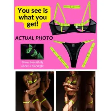 Kaei&Shi Glow Under Black Light, Party Boudoir Outfits, 4PC Peekaboo Lingerie