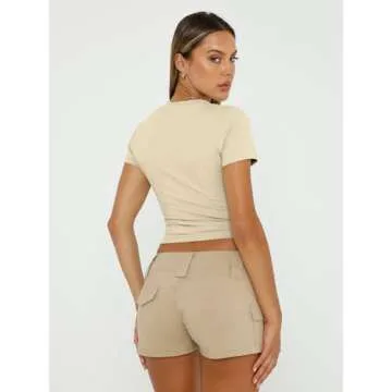 Trendy Queen Womens Basic T Shirts Summer 2025 Scoop Neck Short Sleeve Crop Tops Slim Fit Tees Y2k Clothing Apricot M