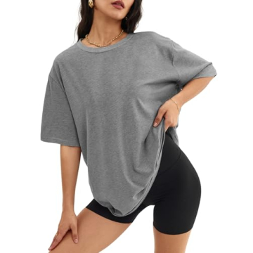 ATHMILE Women's Oversized T-Shirts - Grey Loose Fit Casual Tops for Summer