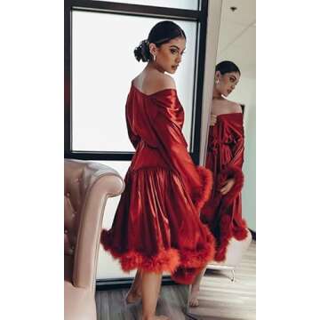 Changuan Feather Robe Long Sleeve Silk Satin Bridal Short Fur Feather Maternity Photoshoot Dresses White Small-Medium