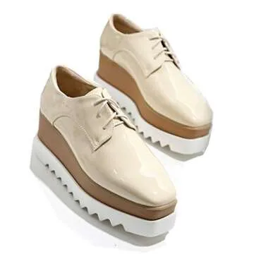 Women's Lace Up Platform Oxford Shoes Classic Patent Leather PU Wedges Casual Sneakers