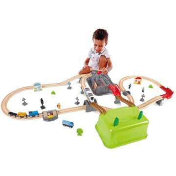 Hape Railway Bucket Builder Set | 50-Piece Multi-Color Wooden Train Set Toy, Construction Building Kit for Kids