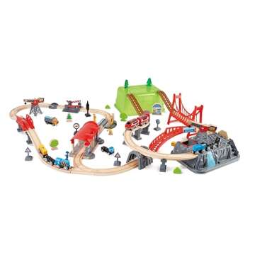 Hape Railway Bucket Builder Set | 50-Piece Multi-Color Wooden Train Set Toy, Construction Building Kit for Kids