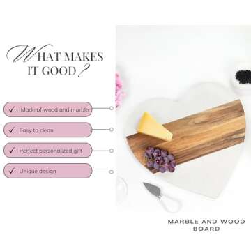 Heart Shaped Charcuterie Board, Acacia Wood And Marble Charcuterie Board Personalized With Cheese Knife, Cute Monogram Heart Cutting Board, Heart Shaped Cutting Board (Plain Board)