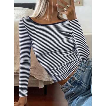 Falechay Going Out Tops For Women Trendy Sexy Y2K Womens Shirts Cute Striped T-Shirt Long Sleeve Tee Fitted Blue Crop Top Work Blouse Boat Neck Crochet Shirt Spring Basic Top Dressy Fit Slim Outfits M