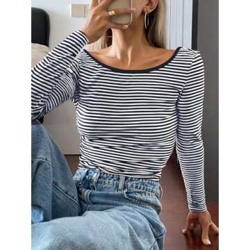 Falechay Going Out Tops For Women Trendy Sexy Y2K Womens Shirts Cute Striped T-Shirt Long Sleeve Tee Fitted Blue Crop Top Work Blouse Boat Neck Crochet Shirt Spring Basic Top Dressy Fit Slim Outfits M