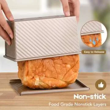 AMAGABELI GARDEN & HOME Pullman Loaf Pan with Lid 1 lb Dough Capacity 9x4 inch Non-Stick Bread Pans Carbon Steel for Baking Homemade Bread Mold Sandwich Corrugated Toast Box Bakeware Nonstick Gold