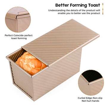 AMAGABELI GARDEN & HOME Pullman Loaf Pan with Lid 1 lb Dough Capacity 9x4 inch Non-Stick Bread Pans Carbon Steel for Baking Homemade Bread Mold Sandwich Corrugated Toast Box Bakeware Nonstick Gold