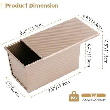 AMAGABELI GARDEN & HOME Pullman Loaf Pan with Lid 1 lb Dough Capacity 9x4 inch Non-Stick Bread Pans Carbon Steel for Baking Homemade Bread Mold Sandwich Corrugated Toast Box Bakeware Nonstick Gold