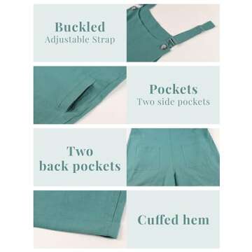 Fiona Jolin Women's Summer Cotton Linen Short Overalls Casual Bib Overall Shorts Jumpsuits Rompers with Pockets (DarkGreen-L)