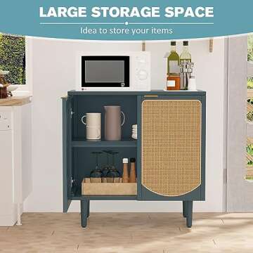 ARTPOWER Rattan Accent Cabinet with 2 Doors, Boho Sideboard Buffet Cabinet with Storage, Black Credenza with Shelf for Kitchen, Dining Room, Living Room, Entryway