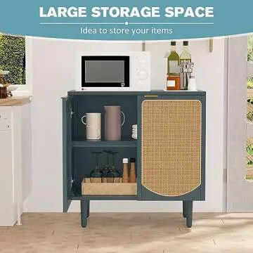 ARTPOWER Rattan Accent Cabinet with 2 Doors, Boho Sideboard Buffet Cabinet with Storage, Black Credenza with Shelf for Kitchen, Dining Room, Living Room, Entryway