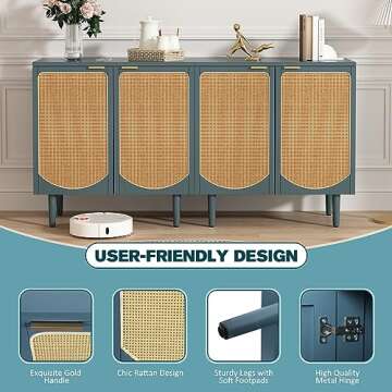 ARTPOWER Rattan Accent Cabinet with 2 Doors, Boho Sideboard Buffet Cabinet with Storage, Black Credenza with Shelf for Kitchen, Dining Room, Living Room, Entryway