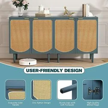 ARTPOWER Rattan Accent Cabinet with 2 Doors, Boho Sideboard Buffet Cabinet with Storage, Black Credenza with Shelf for Kitchen, Dining Room, Living Room, Entryway