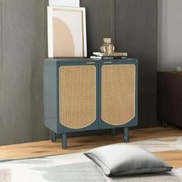 ARTPOWER Rattan Accent Cabinet with 2 Doors, Boho Sideboard Buffet Cabinet with Storage, Black Credenza with Shelf for Kitchen, Dining Room, Living Room, Entryway