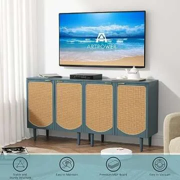 ARTPOWER Rattan Accent Cabinet with 2 Doors, Boho Sideboard Buffet Cabinet with Storage, Black Credenza with Shelf for Kitchen, Dining Room, Living Room, Entryway