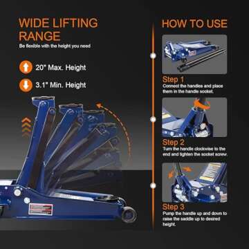 TCE ATZ830026XU-2 Ultra Low Profile Floor Jack: Heavy Duty Hydraulic Steel Service Jack with Dual Piston Quick Lift Pump and Detachable Handle, 6,000 LBS Capacity (3 Ton), Blue