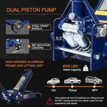 TCE ATZ830026XU-2 Ultra Low Profile Floor Jack: Heavy Duty Hydraulic Steel Service Jack with Dual Piston Quick Lift Pump and Detachable Handle, 6,000 LBS Capacity (3 Ton), Blue