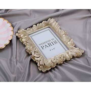 JAZPlayer 4x6 Picture Frame, Vintage Photo Frame Pale Gold Décor with Deluxe Floral Design (Floral Gold 4x6)