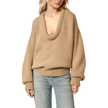 MISSACTIVER Women's Low Cut U Neck Oversized Sweater Casual Solid Long Sleeve Drop Shoulder 2024 Win...