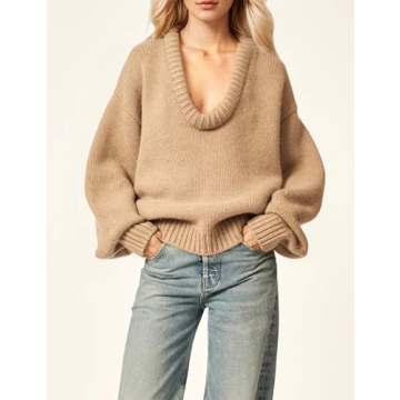 MISSACTIVER Women's Low Cut U Neck Oversized Sweater Casual Solid Long Sleeve Drop Shoulder 2024 Winter Pullover Jumper Tops Khaki