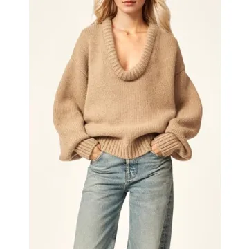 MISSACTIVER Women's Low Cut U Neck Oversized Sweater Casual Solid Long Sleeve Drop Shoulder 2024 Winter Pullover Jumper Tops Khaki