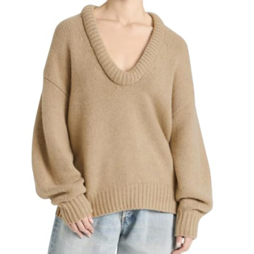 MISSACTIVER Women's Low Cut U Neck Oversized Sweater Casual Solid Long Sleeve Drop Shoulder 2024 Winter Pullover Jumper Tops Khaki
