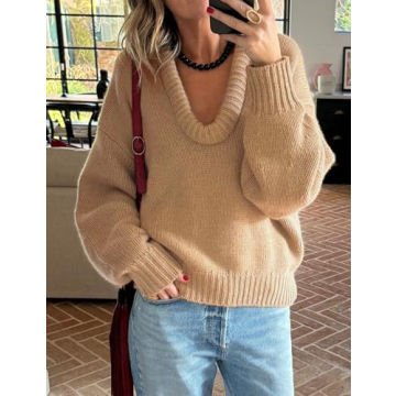 MISSACTIVER Women's Low Cut U Neck Oversized Sweater Casual Solid Long Sleeve Drop Shoulder 2024 Winter Pullover Jumper Tops Khaki