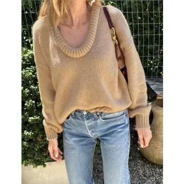 MISSACTIVER Women's Low Cut U Neck Oversized Sweater Casual Solid Long Sleeve Drop Shoulder 2024 Winter Pullover Jumper Tops Khaki