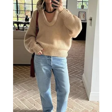 MISSACTIVER Women's Low Cut U Neck Oversized Sweater Casual Solid Long Sleeve Drop Shoulder 2024 Winter Pullover Jumper Tops Khaki