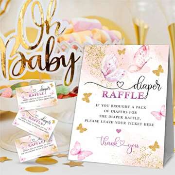 Diaper Raffle Baby Shower Game Set- 1 Standing Sign & 50 Guessing Cards, Butterfly Theme Diaper Raffle Tickets For Baby Shower, Baby Announcement, Gender Reveal Party Favor And Supplies-BBLK-A07