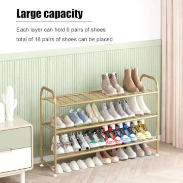 LINZINAR Shoe Rack Long 3 Tier Shoe Storage Organizer Metal Wide Shoe Shelf for Closet Entryway Bedroom 24 Paris Large Capacity, Gold