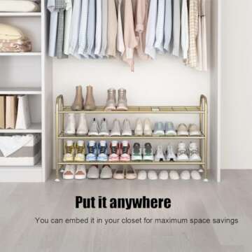 LINZINAR Shoe Rack Long 3 Tier Shoe Storage Organizer Metal Wide Shoe Shelf for Closet Entryway Bedroom 24 Paris Large Capacity, Gold