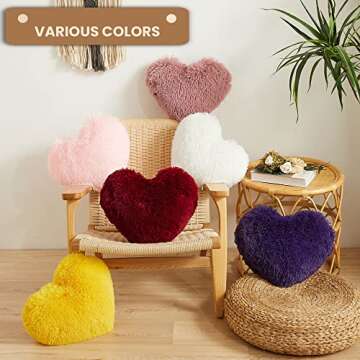 MEGO Fluffy Heart Pillow, Faux Fur Decorative Throw Pillow, Plush Shaggy Heart Shaped Pillow w Inser...