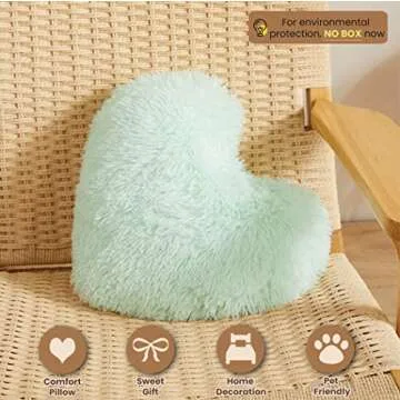 MEGO Fluffy Heart Pillow, Faux Fur Decorative Throw Pillow, Plush Shaggy Heart Shaped Pillow w Insert&Cover, Cute Furry Throw Pillows for Couch Bed Sofa Kid Girls Women Valentine's Day Gift Aqua Green