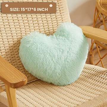 MEGO Fluffy Heart Pillow, Faux Fur Decorative Throw Pillow, Plush Shaggy Heart Shaped Pillow w Insert&Cover, Cute Furry Throw Pillows for Couch Bed Sofa Kid Girls Women Valentine's Day Gift Aqua Green