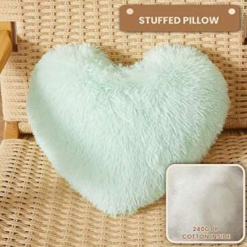MEGO Fluffy Heart Pillow, Faux Fur Decorative Throw Pillow, Plush Shaggy Heart Shaped Pillow w Insert&Cover, Cute Furry Throw Pillows for Couch Bed Sofa Kid Girls Women Valentine's Day Gift Aqua Green