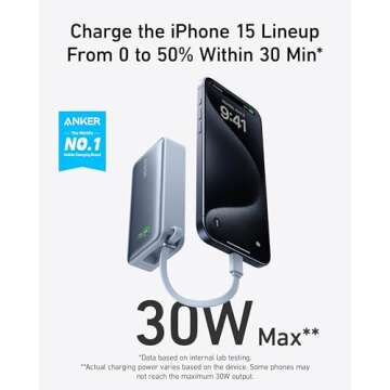 Anker Nano Power Bank, 10,000mAh Portable Charger with Built-in USB-C Cable, 30W Recharging, 30W Max Output with 1 USB-C, 1 USB-A, for iPhone 16/15 Series, MacBook, Galaxy, AirPods, and More
