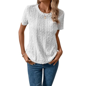 SweatyRocks Women's Eyelet Embroidery Short Sleeve Tops Shirts Solid Crewneck Retro Plain Casual Hol...