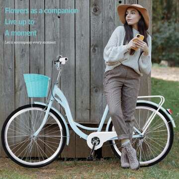 26 Inch Classic Beach Cruiser Bike with Basket & Comfort Seat