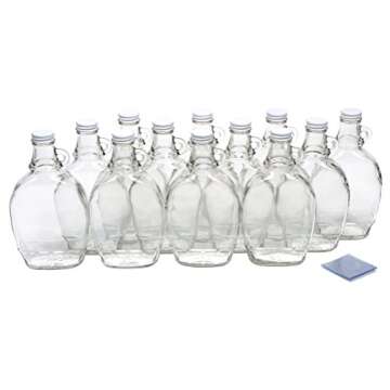 North Mountain Supply - FSJ-12-SB 12 Ounce Glass Maple Syrup Bottles with Loop Handle & White Metal Lids & Shrink Bands - Case of 12