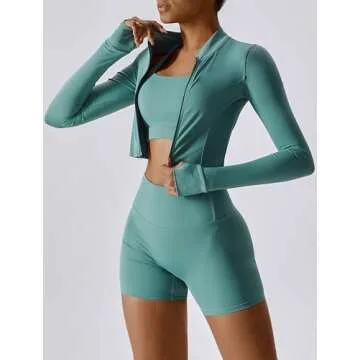 AGYMNX Workout Sets for Women 3 Piece High Waisted Seamless Shorts Crop Top Jacket Gym Yoga Outfit Stretchy Sports Bra Sets Deep Green S