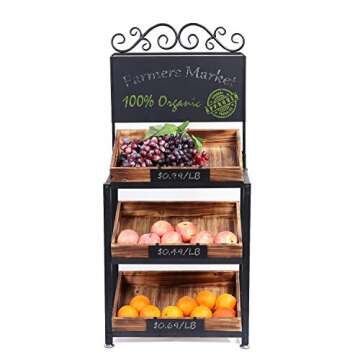 MyGift Vintage Metal Freestanding Fruit and Produce Stand with 3 Tiered Burnt Wood Tray Display Shel...