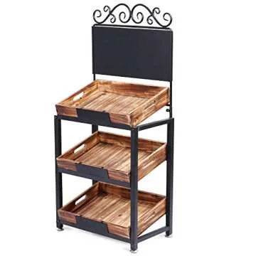 MyGift Vintage Metal Freestanding Fruit and Produce Stand with 3 Tiered Burnt Wood Tray Display Shelf and Decorative Chalkboard Signs