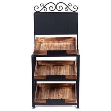 MyGift Vintage Metal Freestanding Fruit and Produce Stand with 3 Tiered Burnt Wood Tray Display Shelf and Decorative Chalkboard Signs