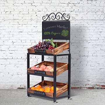 MyGift Vintage Metal Freestanding Fruit and Produce Stand with 3 Tiered Burnt Wood Tray Display Shelf and Decorative Chalkboard Signs